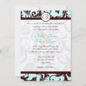 Deep Brown Damask Aqua Blue Wedding Invitation Kaart (Achterkant)