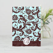 Deep Brown Damask Aqua Blue Wedding Invitation Kaart (Staand voorkant)
