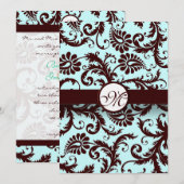 Deep Brown Damask Aqua Blue Wedding Invitation Kaart (Voorkant / Achterkant)