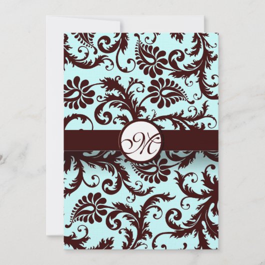 Deep Brown Damask Aqua Blue Wedding Invitation Kaart (Voorkant)