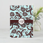 Deep Brown Damask Aqua Blue Wedding Invitation Kaart (Staand voorkant)