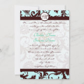 Deep Brown Damask Aqua Blue Wedding Invitation Kaart (Achterkant)