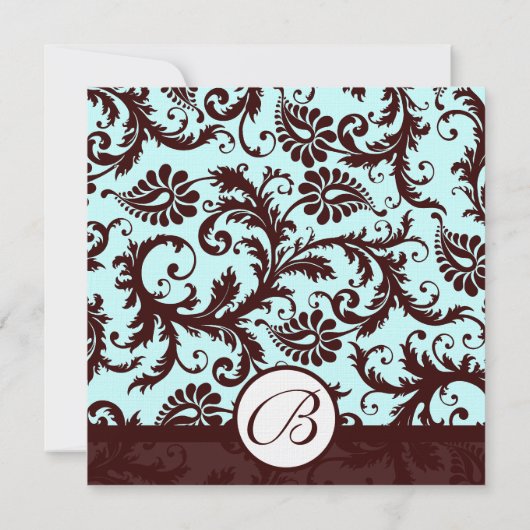 Deep Brown Damask Aqua Blue Wedding Invitation Kaart (Achterkant)