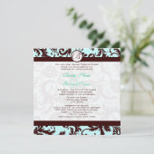 Deep Brown Damask Aqua Blue Wedding Invitation Kaart (Staand voorkant)