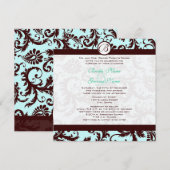 Deep Brown Damask Aqua Blue Wedding Invitation Kaart (Voorkant / Achterkant)