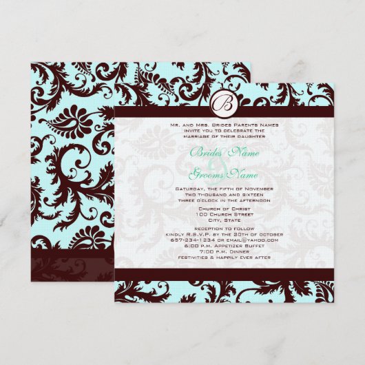 Deep Brown Damask Aqua Blue Wedding Invitation Kaart (Voorkant / Achterkant)