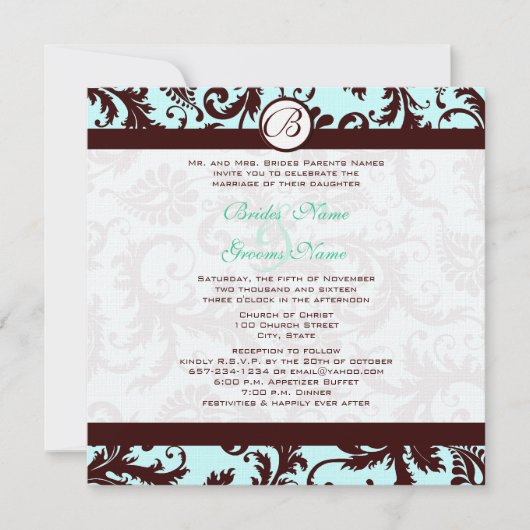 Deep Brown Damask Aqua Blue Wedding Invitation Kaart (Voorkant)