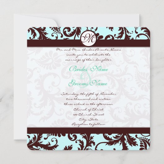 Deep Brown Damask Aqua Blue Wedding Invitation Kaart (Voorkant)
