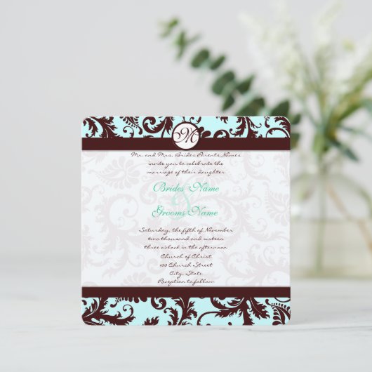 Deep Brown Damask Aqua Blue Wedding Invitation Kaart (Staand voorkant)