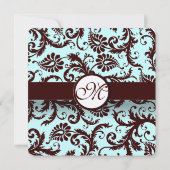 Deep Brown Damask Aqua Blue Wedding Invitation Kaart (Achterkant)