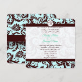 Deep Brown Damask Aqua Blue Wedding Invitation Kaart (Voorkant / Achterkant)