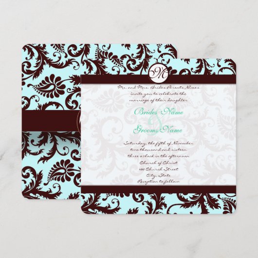 Deep Brown Damask Aqua Blue Wedding Invitation Kaart (Voorkant / Achterkant)