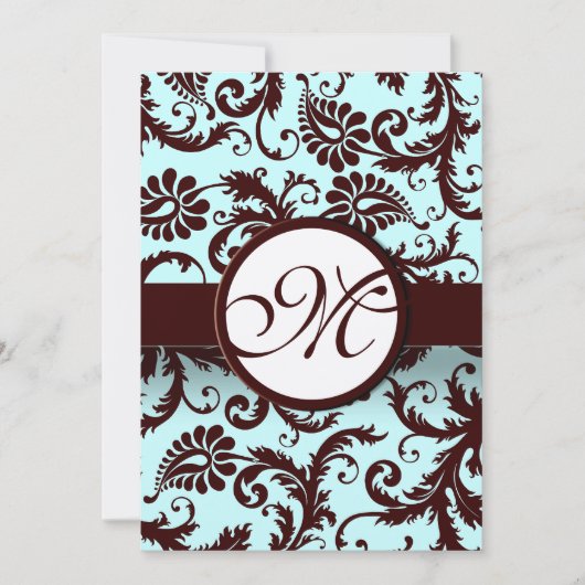Deep Brown Damask Aqua - Groter Monogram op Terug Kaart (Voorkant)
