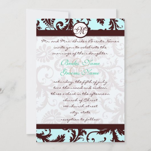 Deep Brown Damask Aqua - Groter Monogram op Terug Kaart (Achterkant)