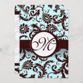 Deep Brown Damask Aqua - Groter Monogram op Terug Kaart (Voorkant / Achterkant)