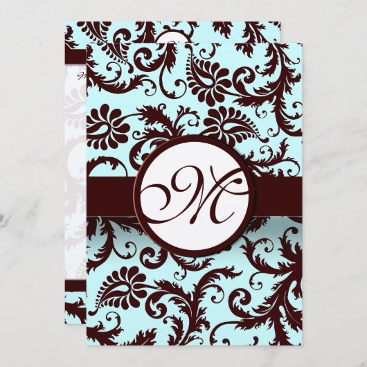 Deep Brown Damask Aqua - Groter Monogram op Terug Kaart (Voorkant / Achterkant)