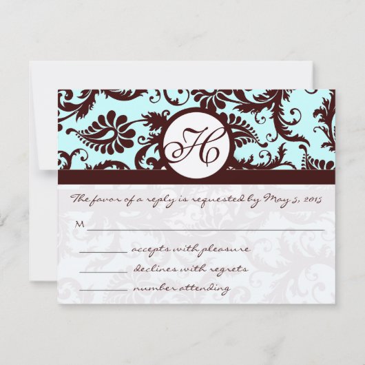 Deep Brown Damask Swirl op Light Aqua-Change Aqua RSVP Kaartje (Achterkant)
