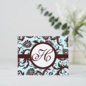 Deep Brown Damask Swirl op Light Aqua-Change Aqua RSVP Kaartje (Staand voorkant)