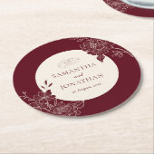 Deep Burgundy and Ivory Floral Line Art Wedding Ronde Kartonnen Onderzetter (Gebogen)