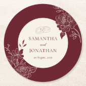 Deep Burgundy and Ivory Floral Line Art Wedding Ronde Kartonnen Onderzetter (Voorkant)