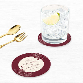 Deep Burgundy and Ivory Floral Line Art Wedding Ronde Kartonnen Onderzetter