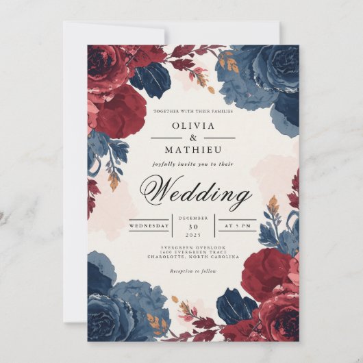 Deep Burgundy Blue Floral Arch Wedding Kaart (Voorkant)