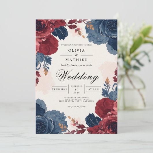 Deep Burgundy Blue Floral Arch Wedding Kaart (Staand voorkant)