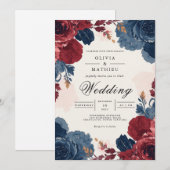 Deep Burgundy Blue Floral Arch Wedding Kaart (Voorkant / Achterkant)