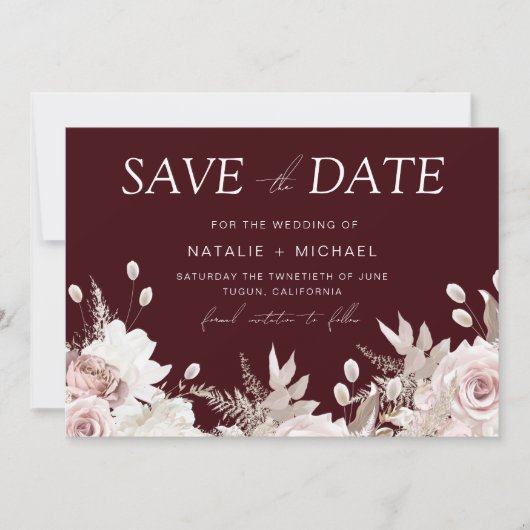 Deep Burgundy Blush Boho Floral Wedding Save The Date (Voorkant)