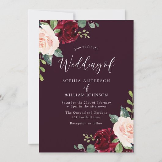 Deep Burgundy Blush Waterverf Floral Wedding Kaart (Voorkant)