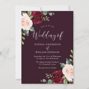 Deep Burgundy Blush Waterverf Floral Wedding Kaart