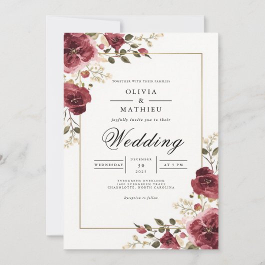 Deep Burgundy Botanical Arch Wedding Kaart (Voorkant)