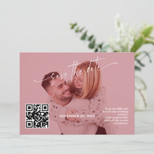 Deep Burgundy Calligraphy QR Code Photo Wedding Save The Date (Staand voorkant)