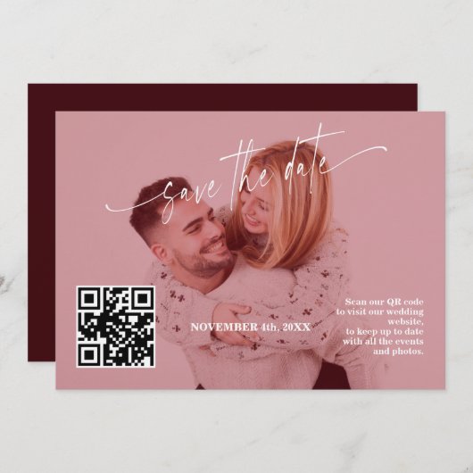 Deep Burgundy Calligraphy QR Code Photo Wedding   Save The Date (Voorkant / Achterkant)