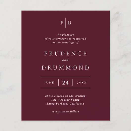 Deep Burgundy Classic Budget Wedding Invitation Flyer (Voorkant)
