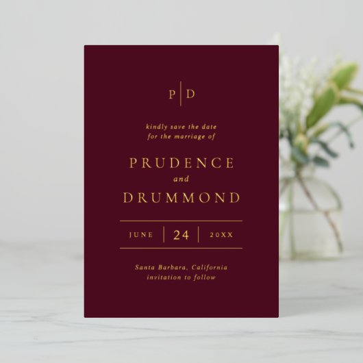 Deep Burgundy Classic Wedding Foil Save the Date Folie Uitnodiging (Staand Voorkant)