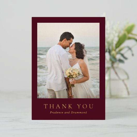 Deep Burgundy Classic Wedding Foil Thank You Card Folie Uitnodiging (Staand Voorkant)