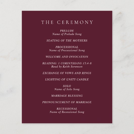 Deep Burgundy Classic Wedding Program (Achterkant)
