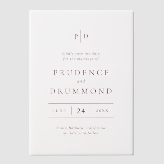 Deep Burgundy Classic Wedding Save the Date Vellum Uitnodigingen (Voorkant)