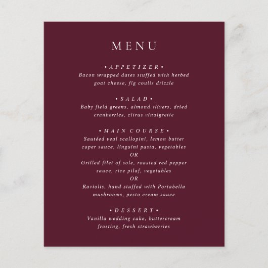 Deep Burgundy Elegant Classic Budget Wedding Menu (Voorkant)