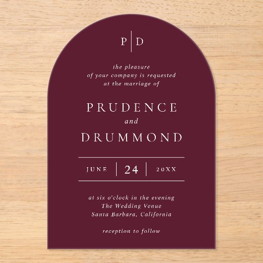 Deep Burgundy Elegant Classic Wedding Acryl Uitnodigingen (Voorkant)