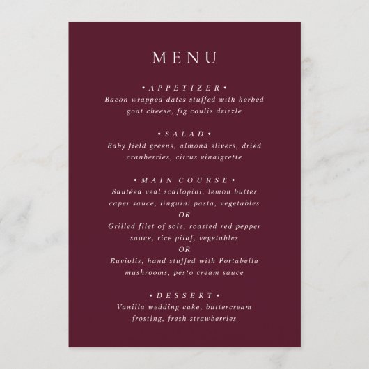 Deep Burgundy Elegant Classic Wedding Menu (Voorkant)