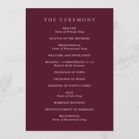 Deep Burgundy Elegant Classic Wedding Programmakaart (Achterkant)