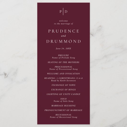 Deep Burgundy Elegant Classic Wedding Programmakaart (Voorkant)