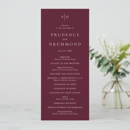 Deep Burgundy Elegant Classic Wedding Programmakaart (Staand voorkant)
