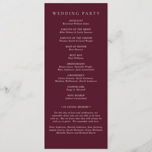 Deep Burgundy Elegant Classic Wedding Programmakaart (Achterkant)