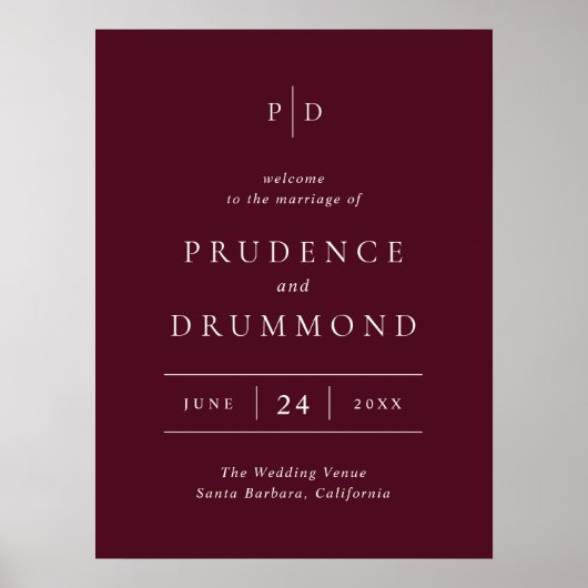 Deep Burgundy Elegant Classic Wedding Sign Poster (Voorkant)
