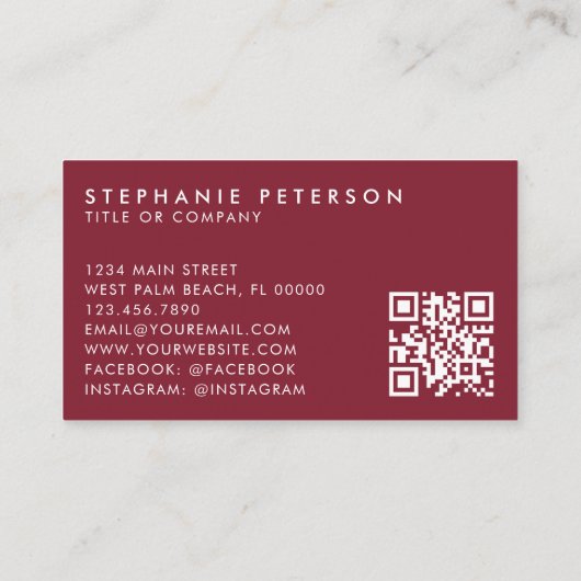 Deep Burgundy Elegant Custom Company Logo QR Code Visitekaartje (Achterkant)