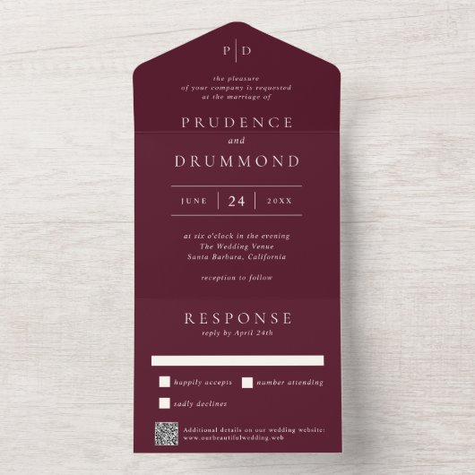 Deep Burgundy Elegant QR Code Classic Wedding All In One Uitnodiging (Binnen)