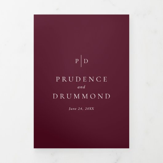 Deep Burgundy Elegant QR Code Classic Wedding Drieluik Uitnodiging (Cover)